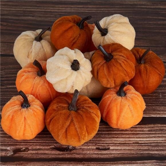 Pumpkin Decor 12pcs Artificial Fake Faux Velvet Foam Fabric Pumpkins Decoration - Picture 2 of 6